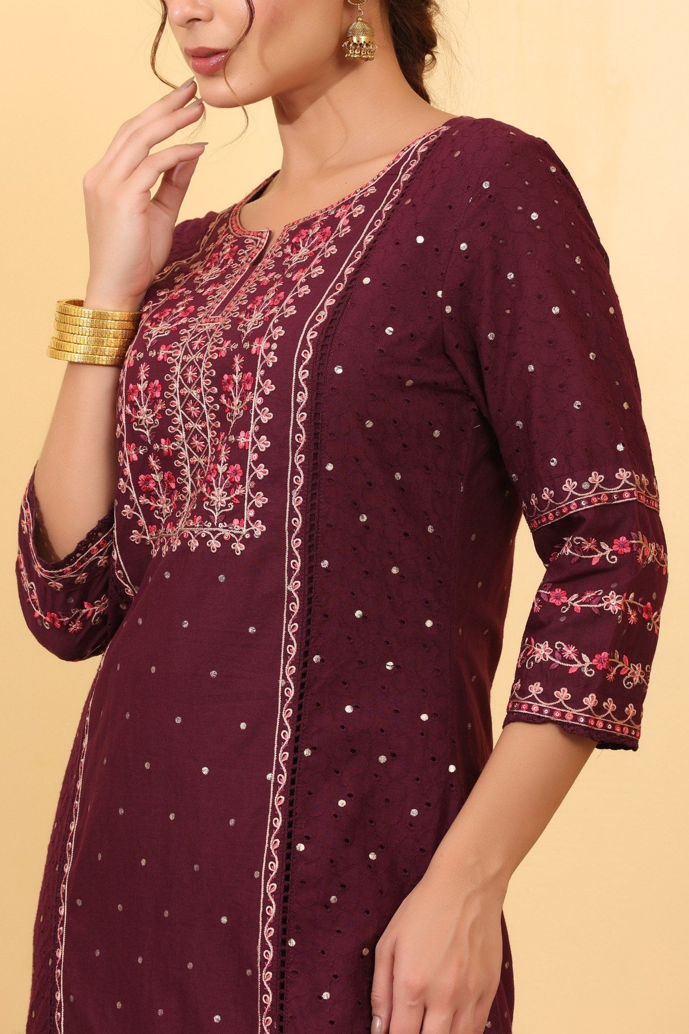 Wine Cotton Embroidered  Salwar Kameez Set