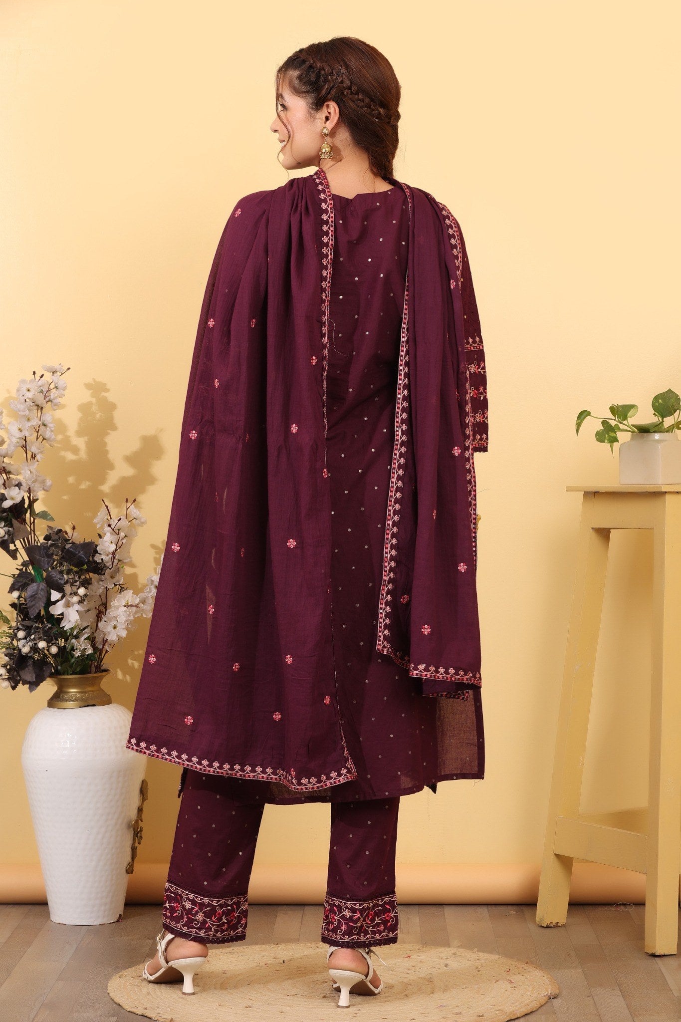 Wine Cotton Embroidered  Salwar Kameez Set