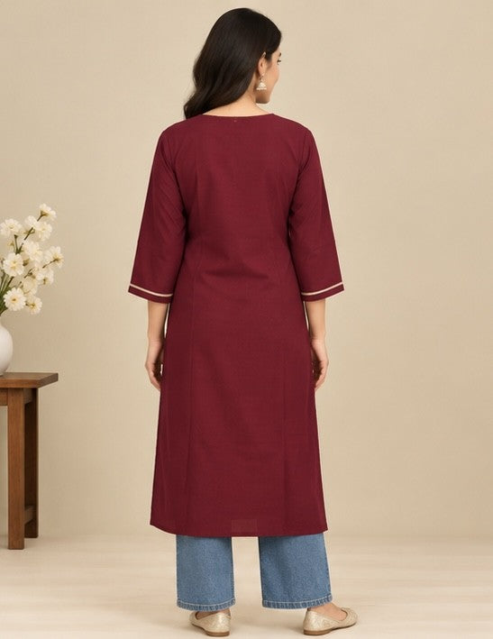 Maroon Embroidered Cotton Blend Kurti for Women