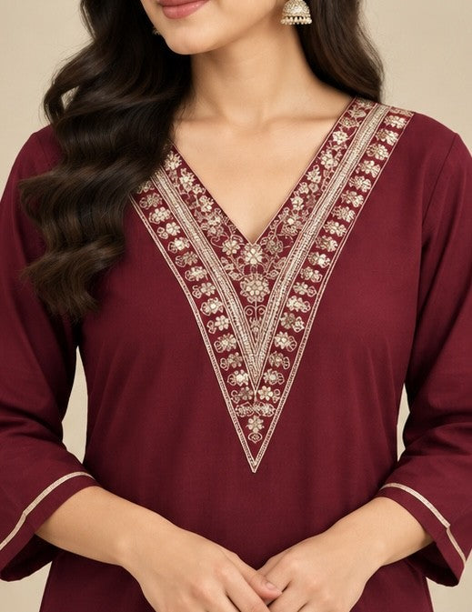 Maroon Embroidered Cotton Blend Kurti for Women