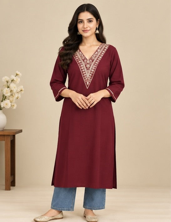 Maroon Embroidered Cotton Blend Kurti for Women