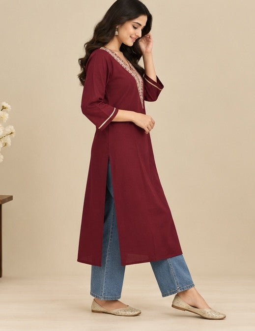 Maroon Embroidered Cotton Blend Kurti for Women