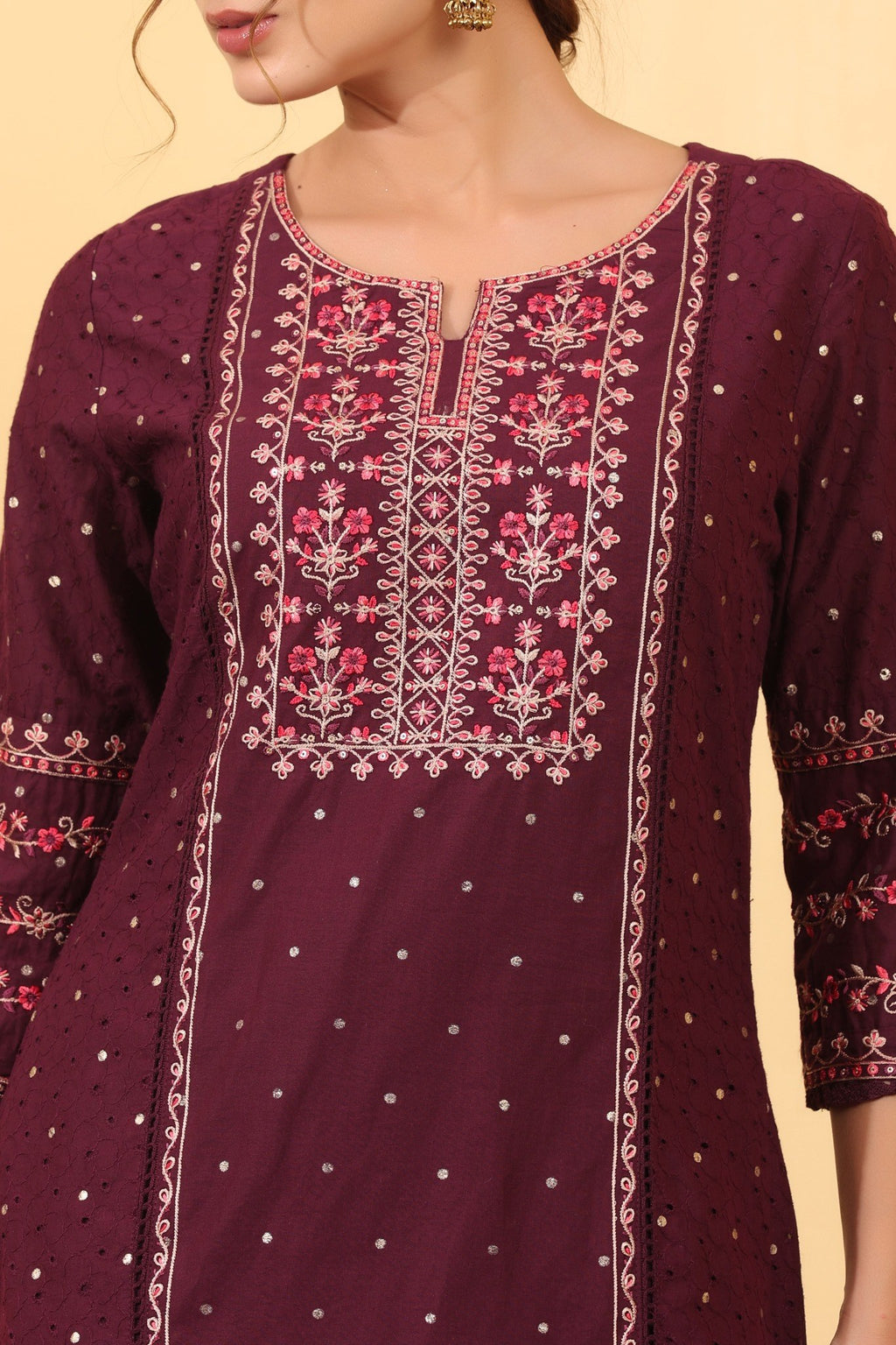 Wine Cotton Embroidered  Salwar Kameez Set