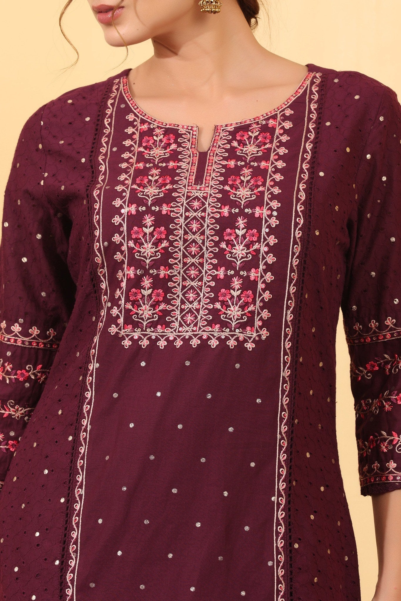 Wine Cotton Embroidered  Salwar Kameez Set