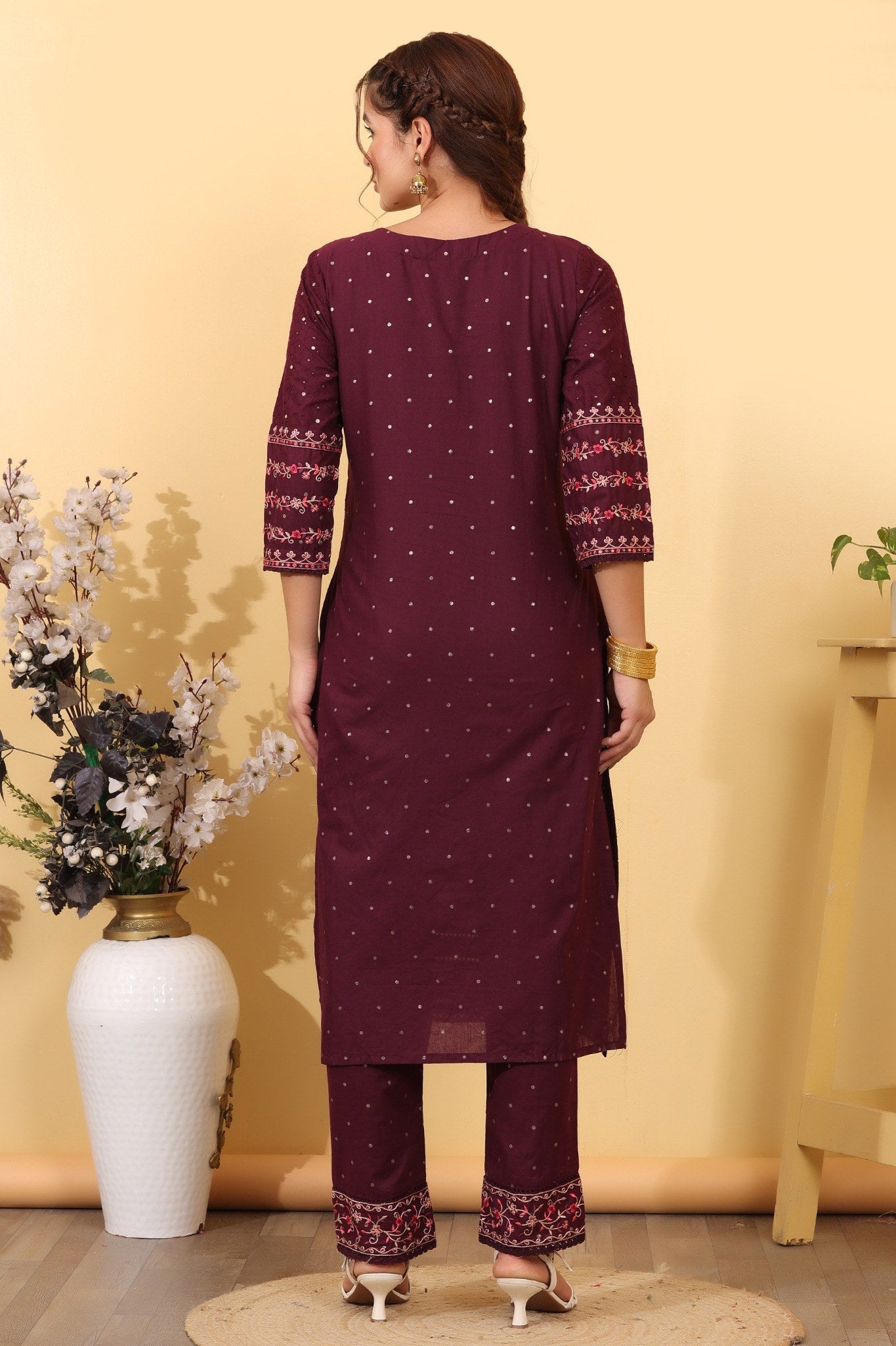 Wine Cotton Embroidered  Salwar Kameez Set