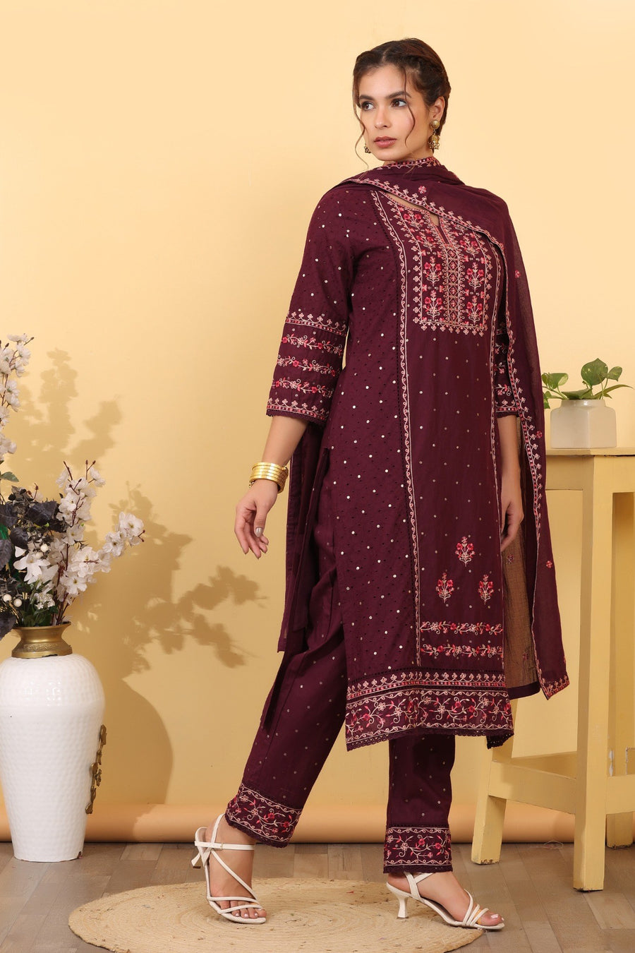 Wine Cotton Embroidered  Salwar Kameez Set