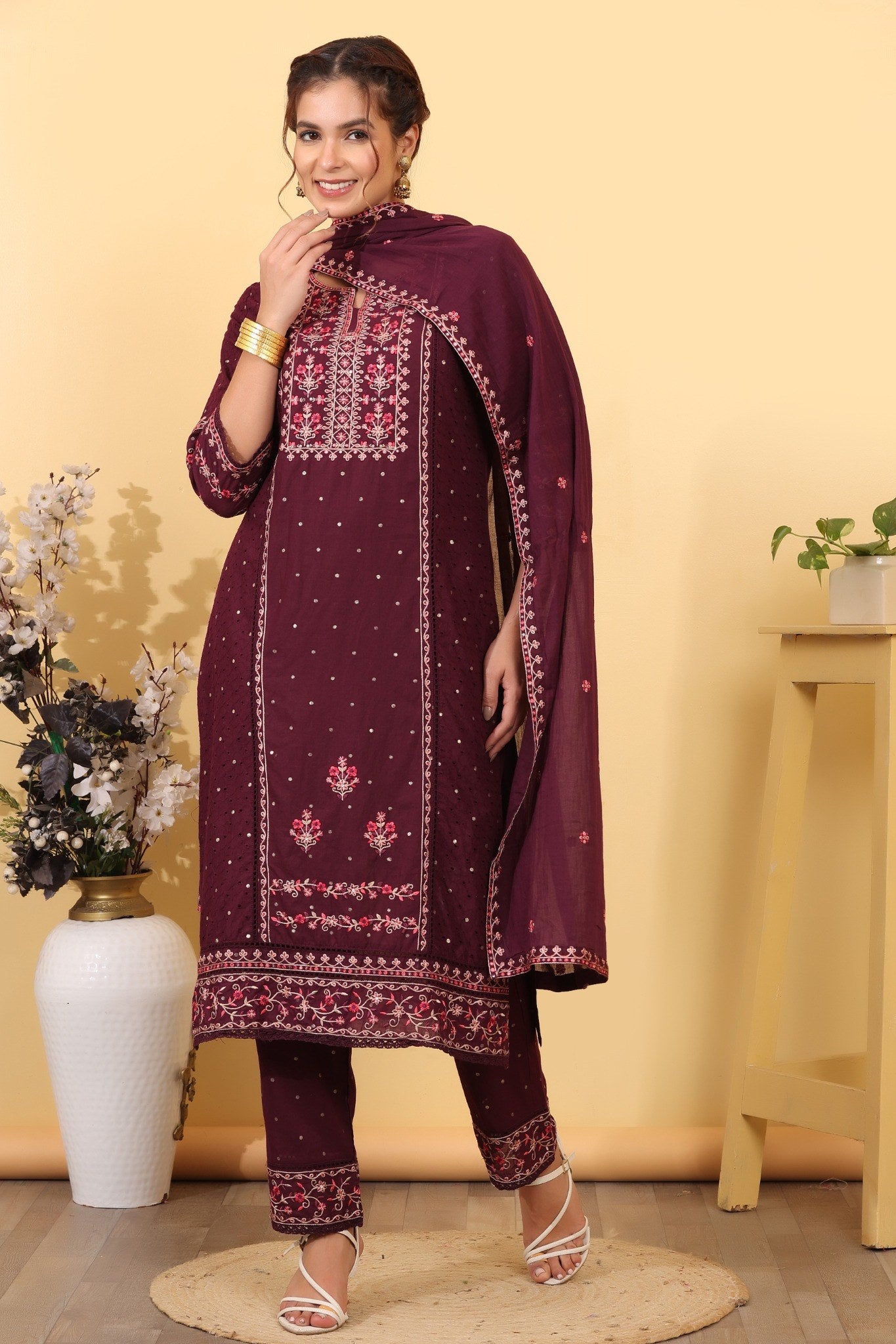 Wine Cotton Embroidered  Salwar Kameez Set
