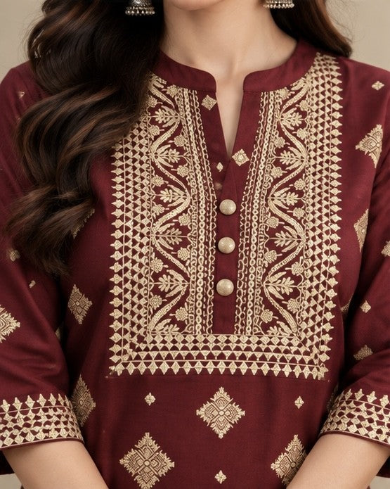 Maroon Printed Silk Blend Kurti for Women