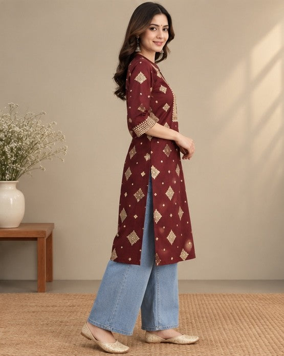 Maroon Printed Silk Blend Kurti for Women
