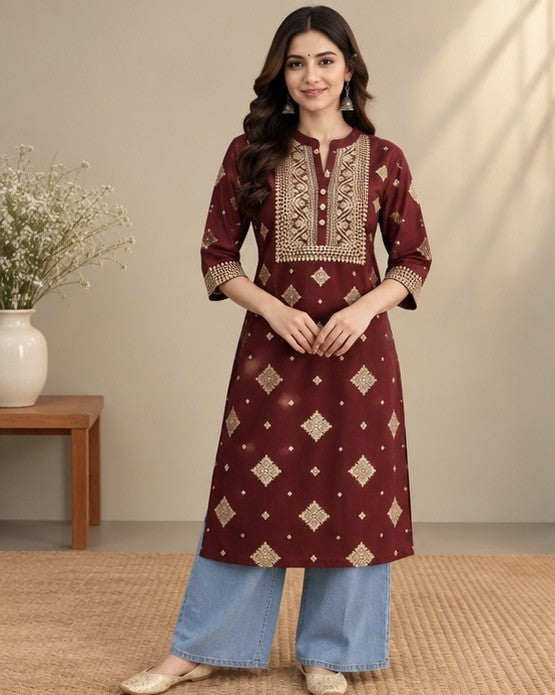 Maroon Printed Silk Blend Kurti for Women