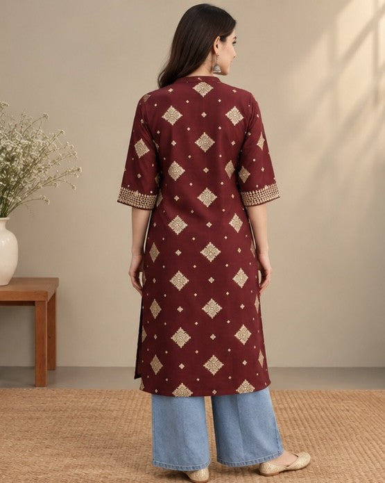 Maroon Printed Silk Blend Kurti for Women