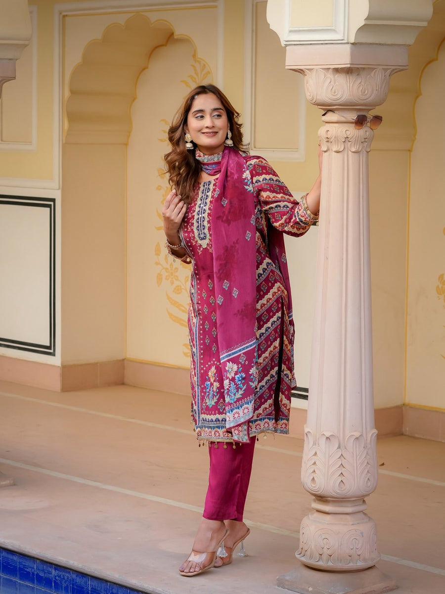 Maroon Silk Blend Printed & Embroidered Suit Set