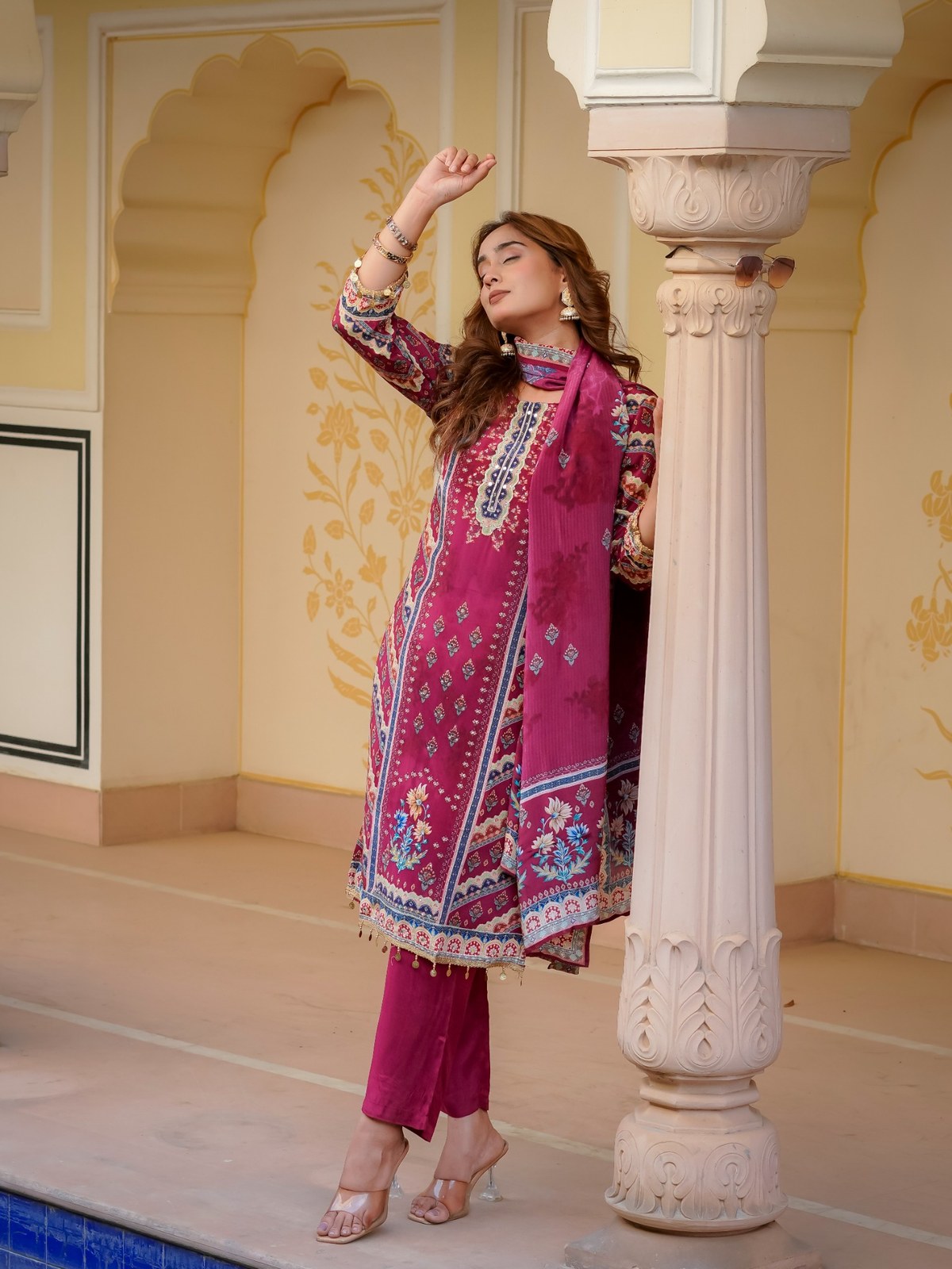 Maroon Silk Blend Printed & Embroidered Suit Set