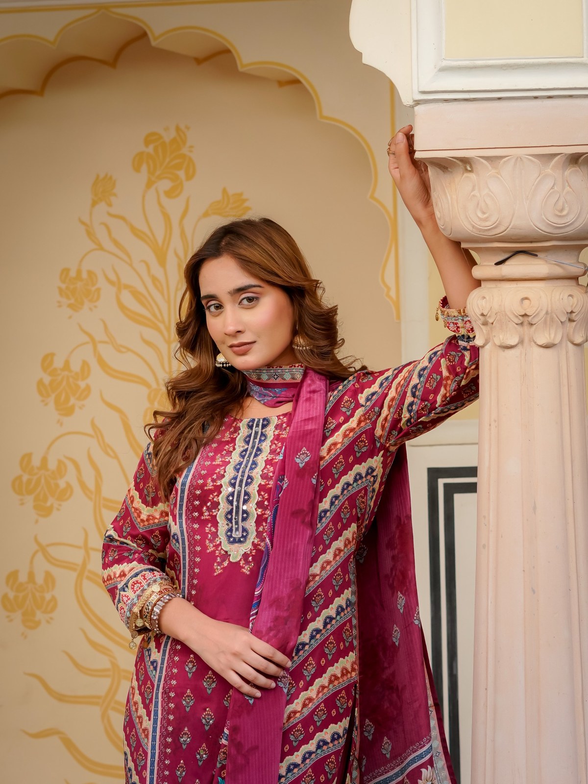 Maroon Silk Blend Printed & Embroidered Suit Set
