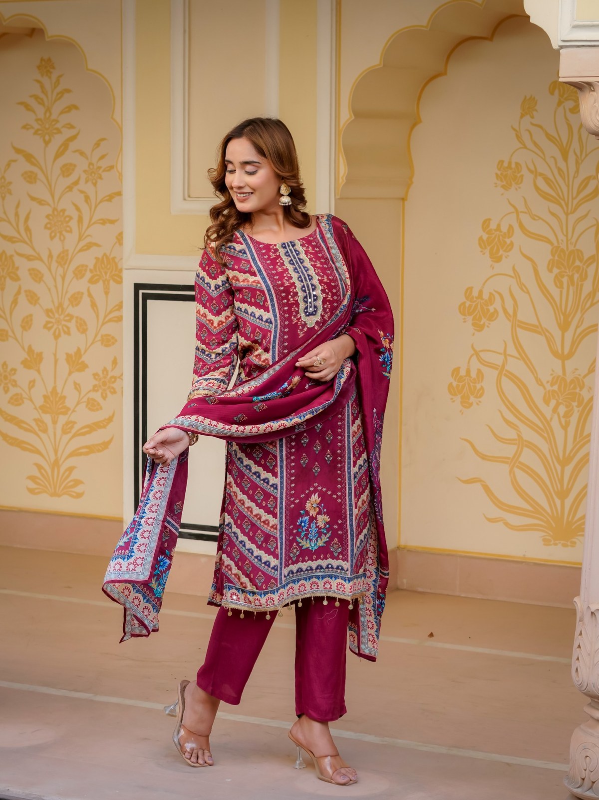 Maroon Silk Blend Printed & Embroidered Suit Set