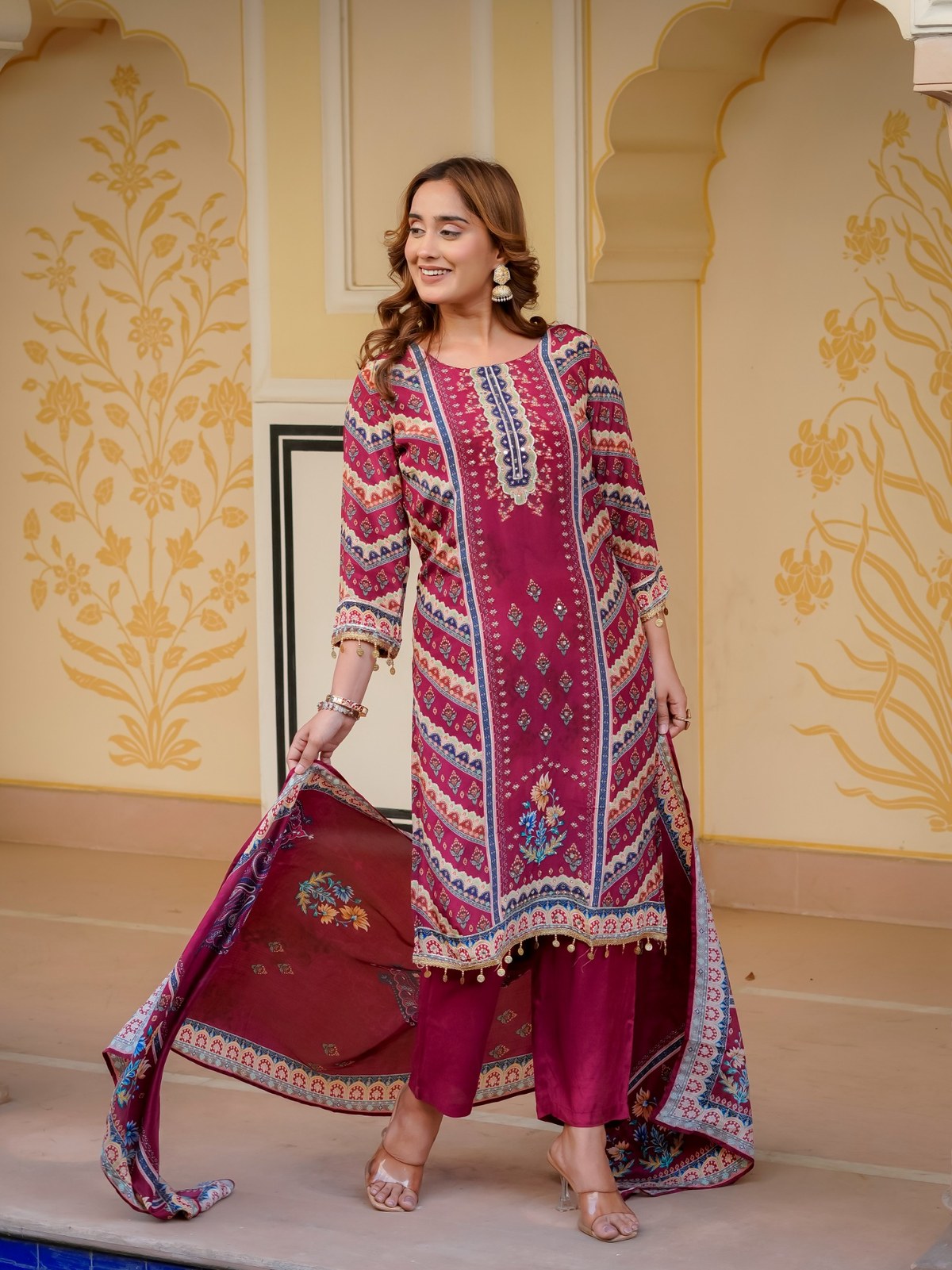 Maroon Silk Blend Printed & Embroidered Suit Set