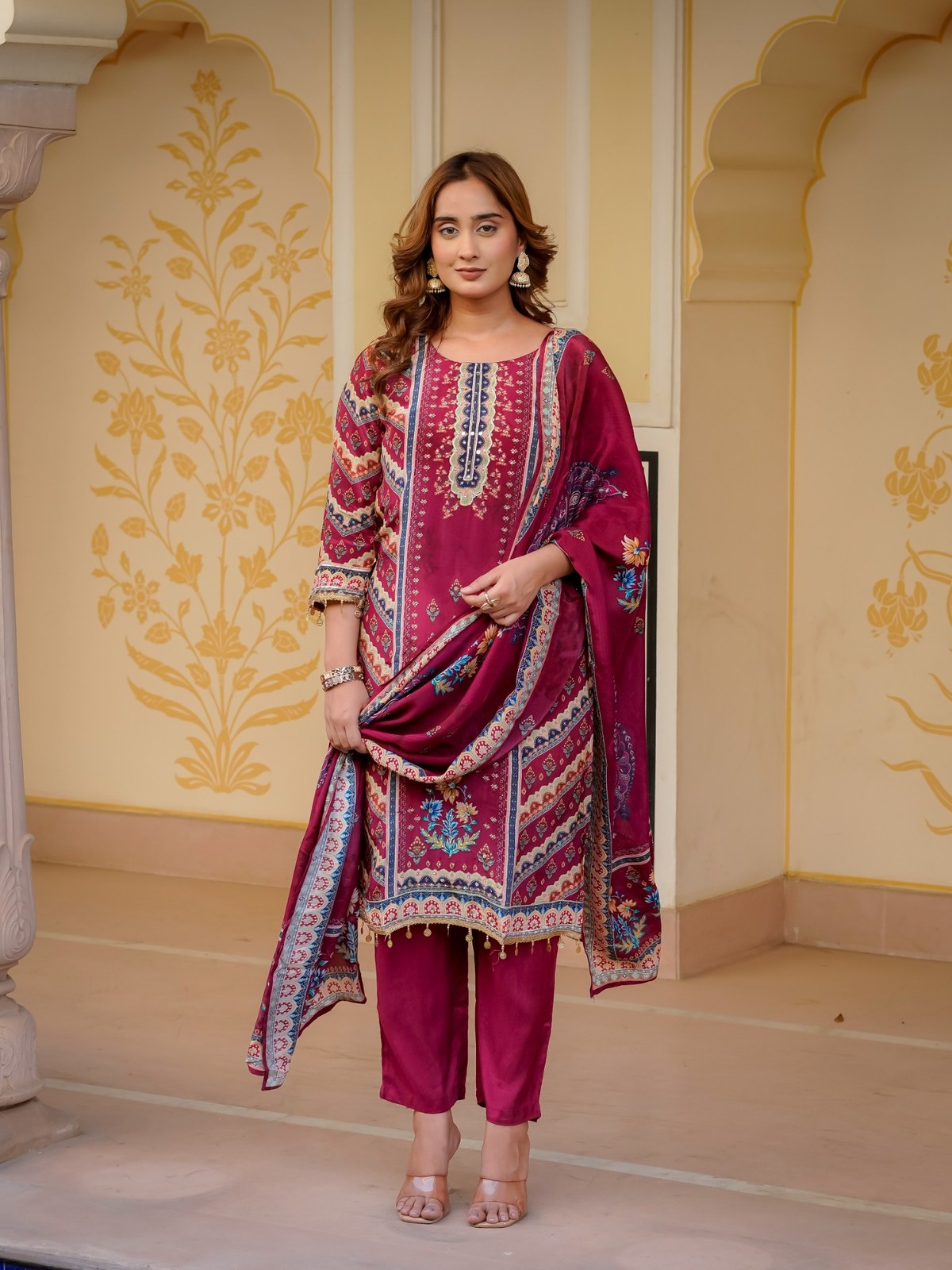Maroon Silk Blend Printed & Embroidered Suit Set