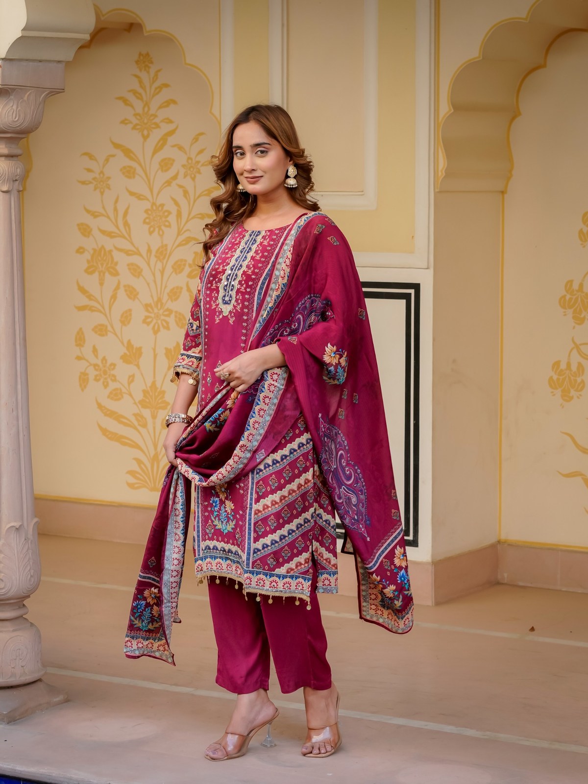Maroon Silk Blend Printed & Embroidered Suit Set