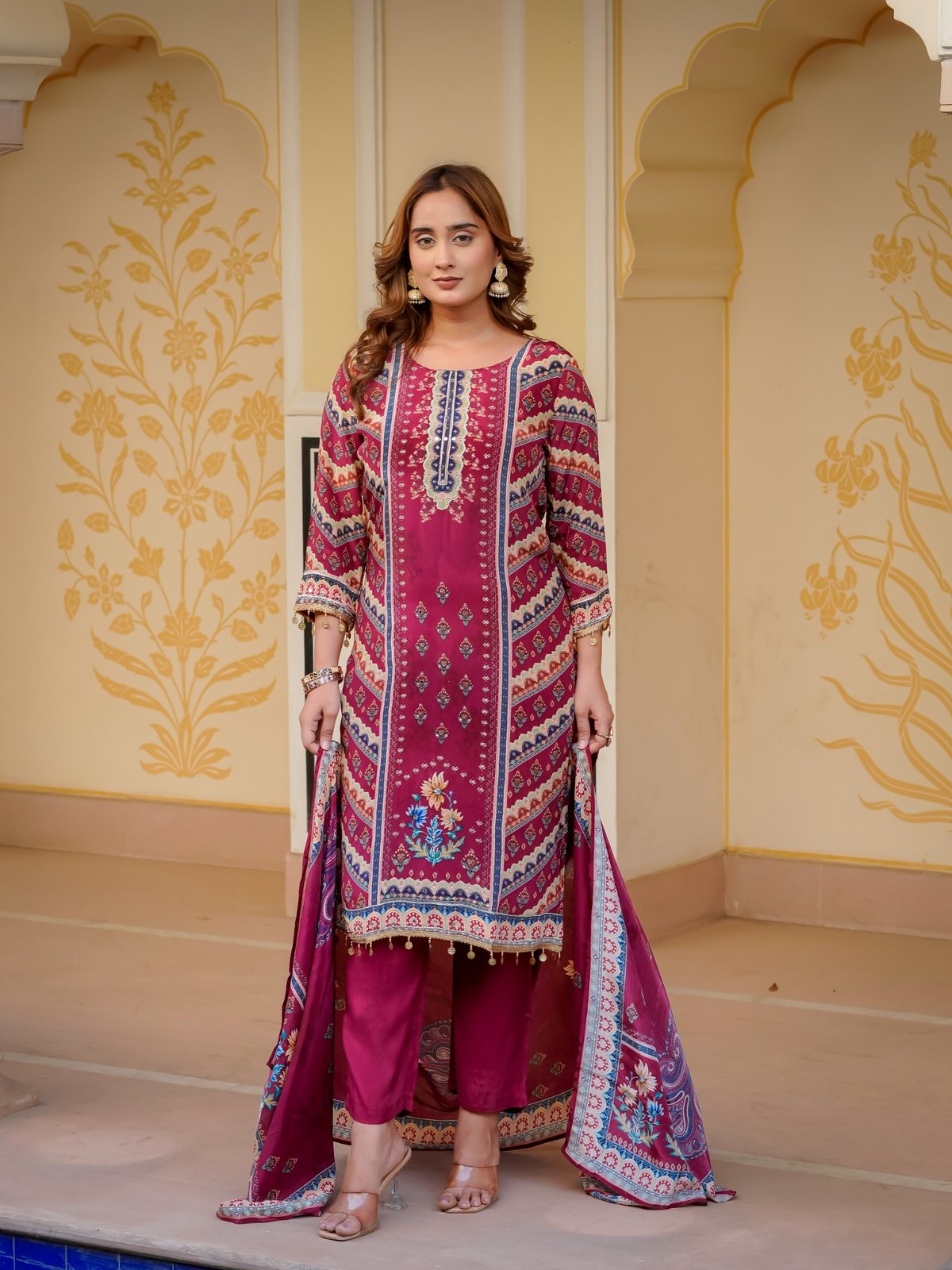 Maroon Silk Blend Printed & Embroidered Suit Set