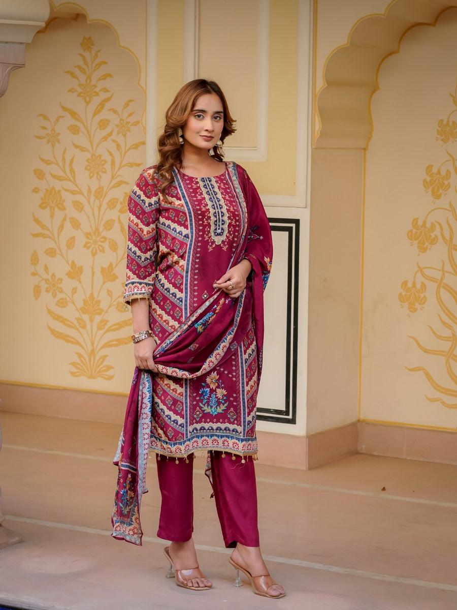 Maroon Silk Blend Printed & Embroidered Suit Set