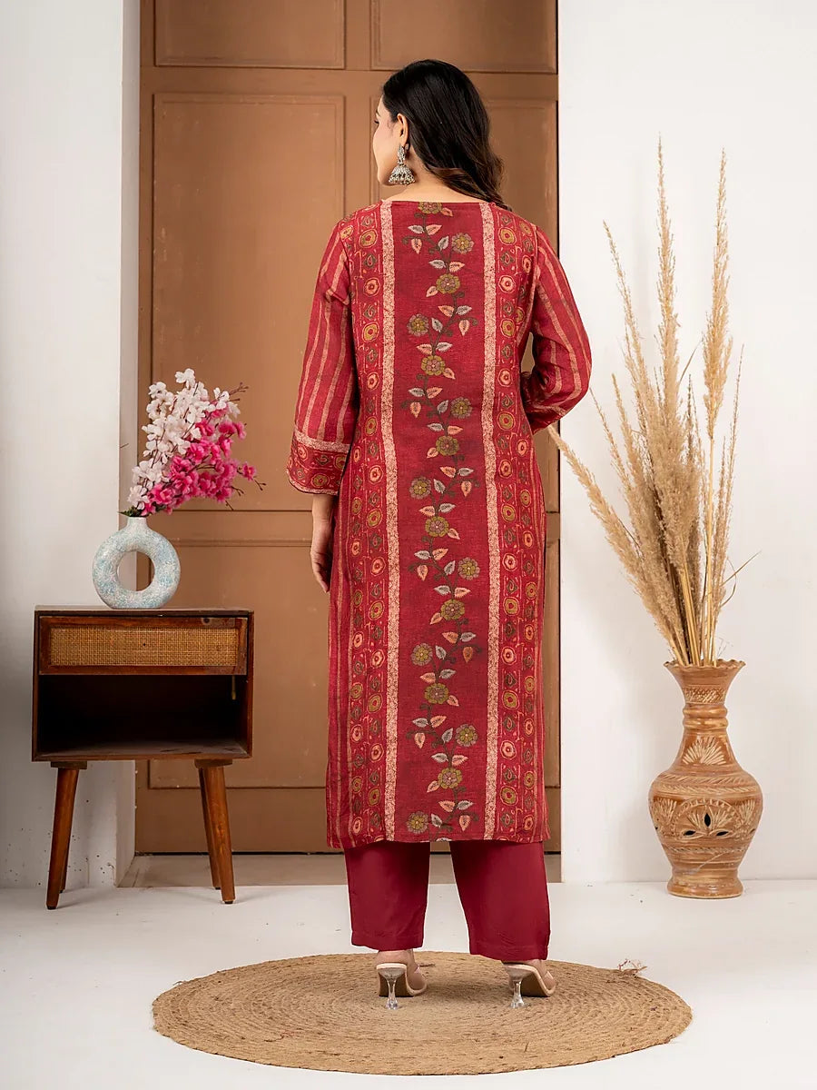 Maroon Printed Viscose Silk Suit Set with Dupatta
