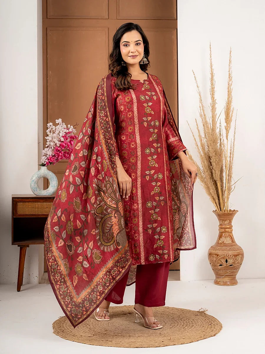 Maroon Printed Viscose Silk Suit Set with Dupatta