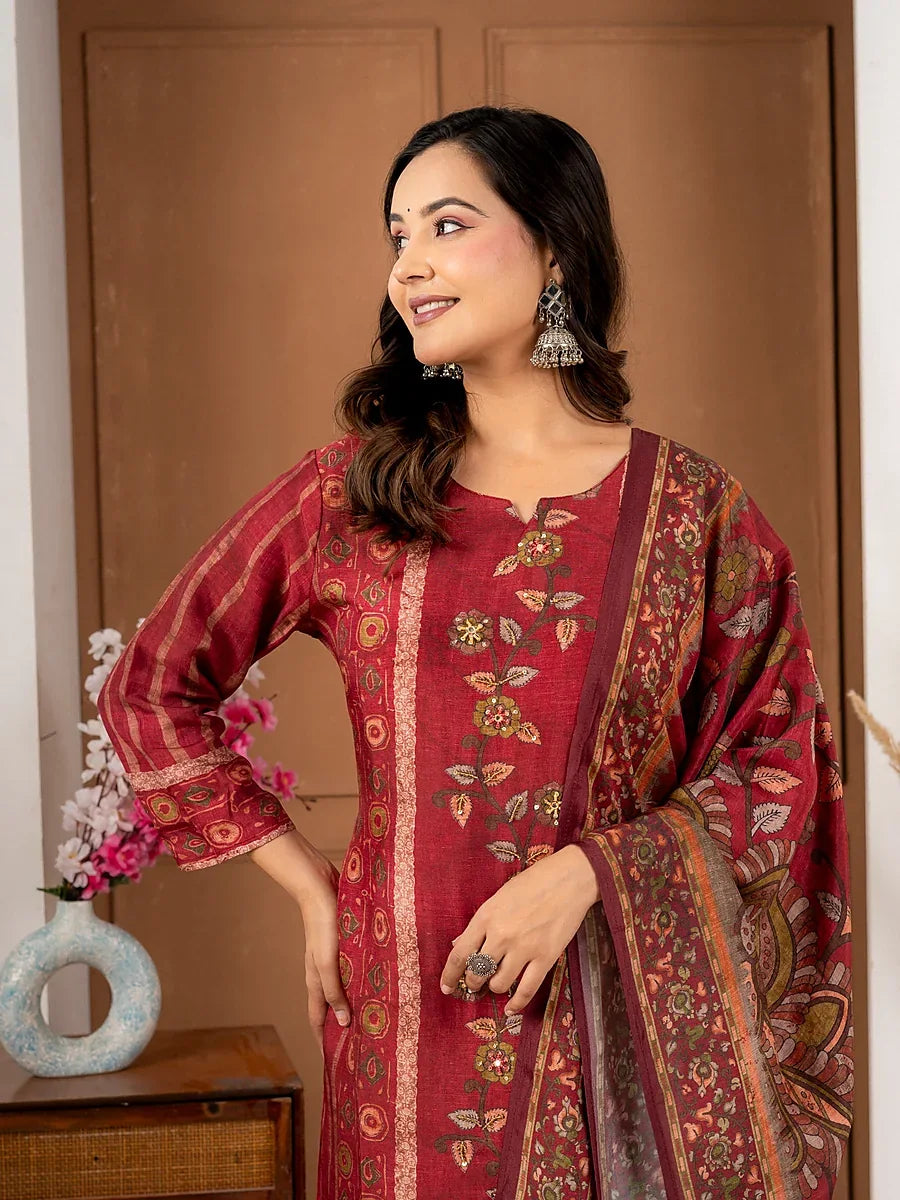 Maroon Printed Viscose Silk Suit Set with Dupatta
