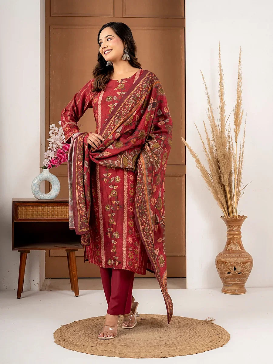 Maroon Printed Viscose Silk Suit Set with Dupatta