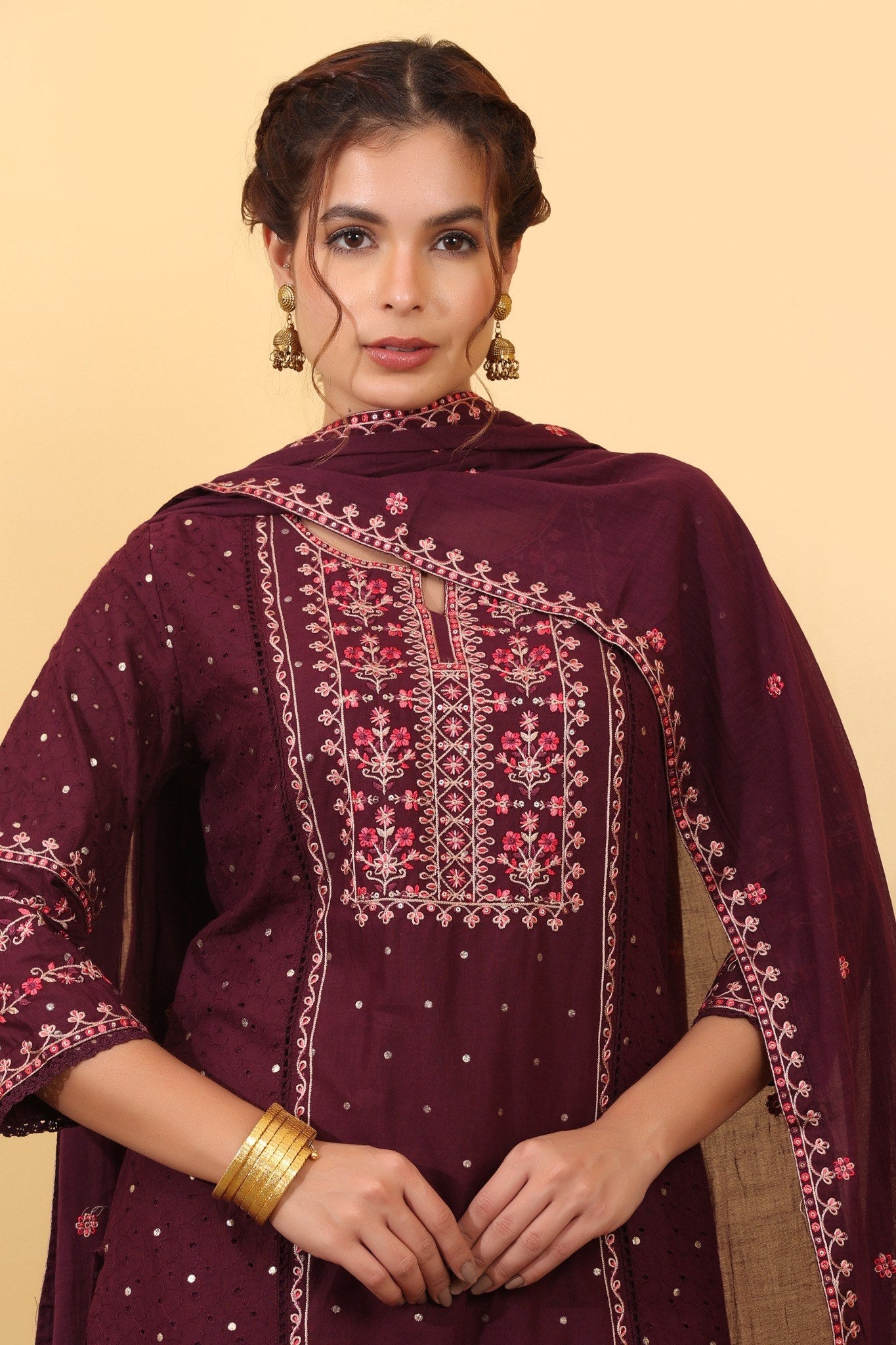 Wine Cotton Embroidered  Salwar Kameez Set