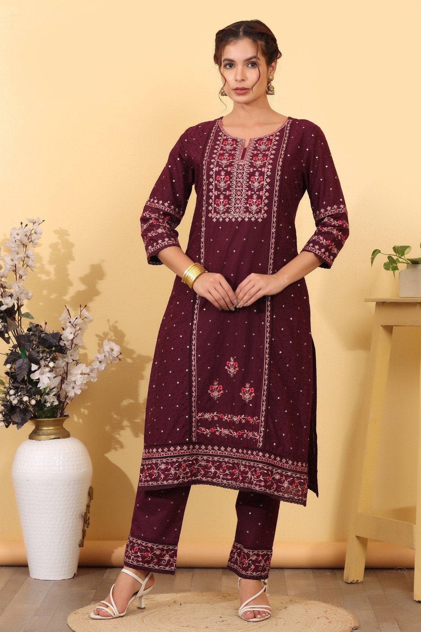 Wine Cotton Embroidered  Salwar Kameez Set
