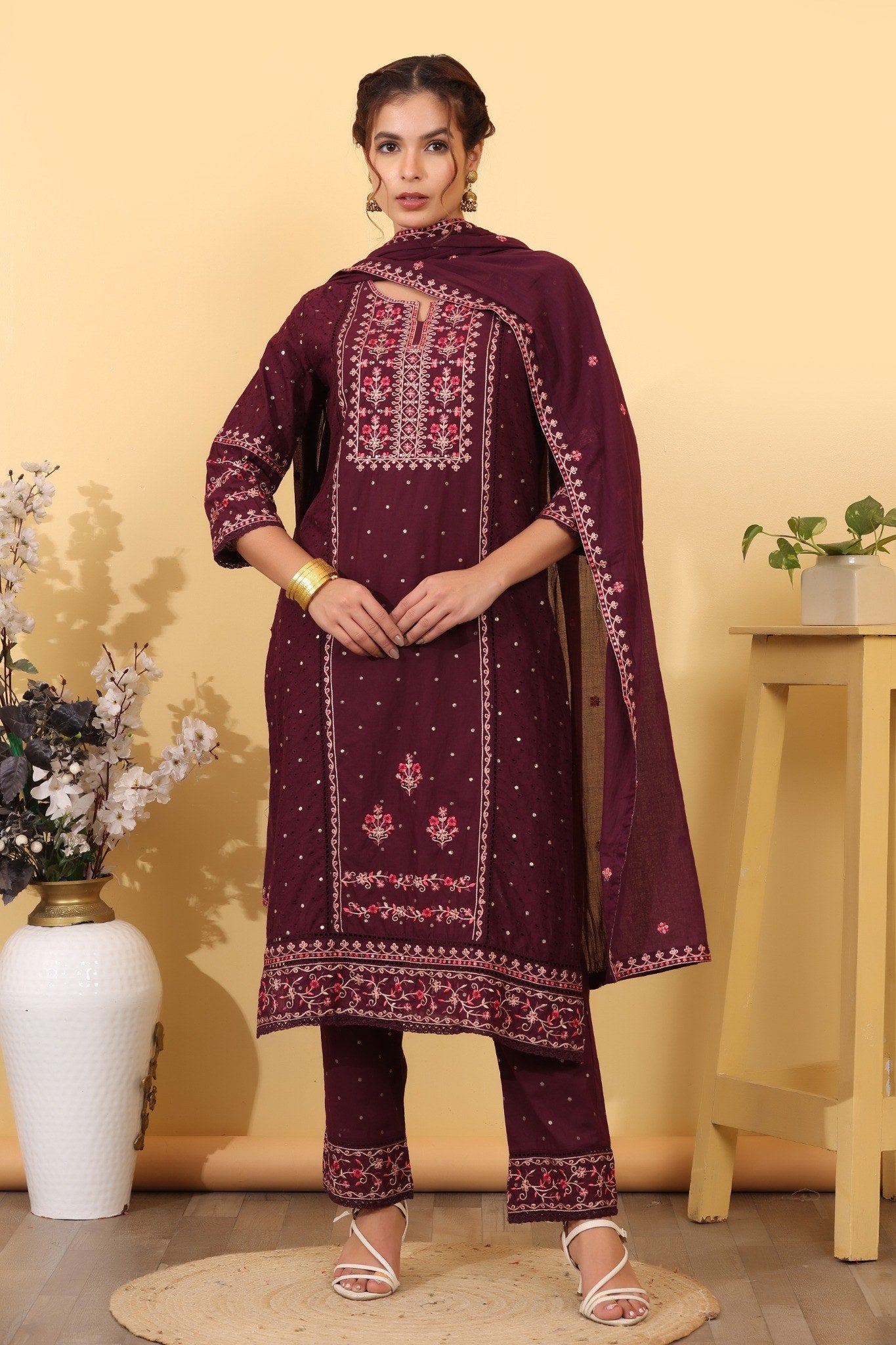 Wine Cotton Embroidered  Salwar Kameez Set