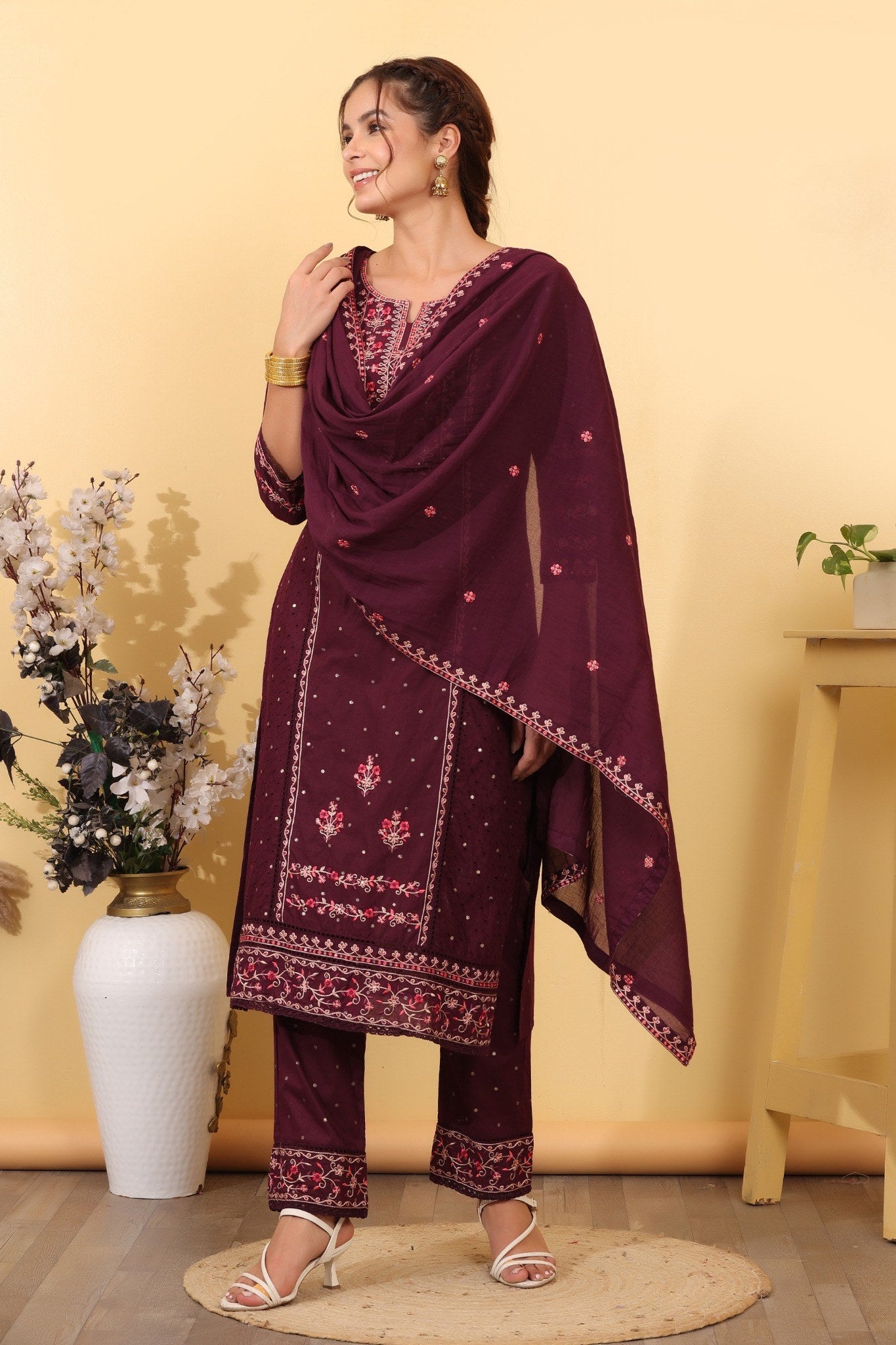 Wine Cotton Embroidered  Salwar Kameez Set