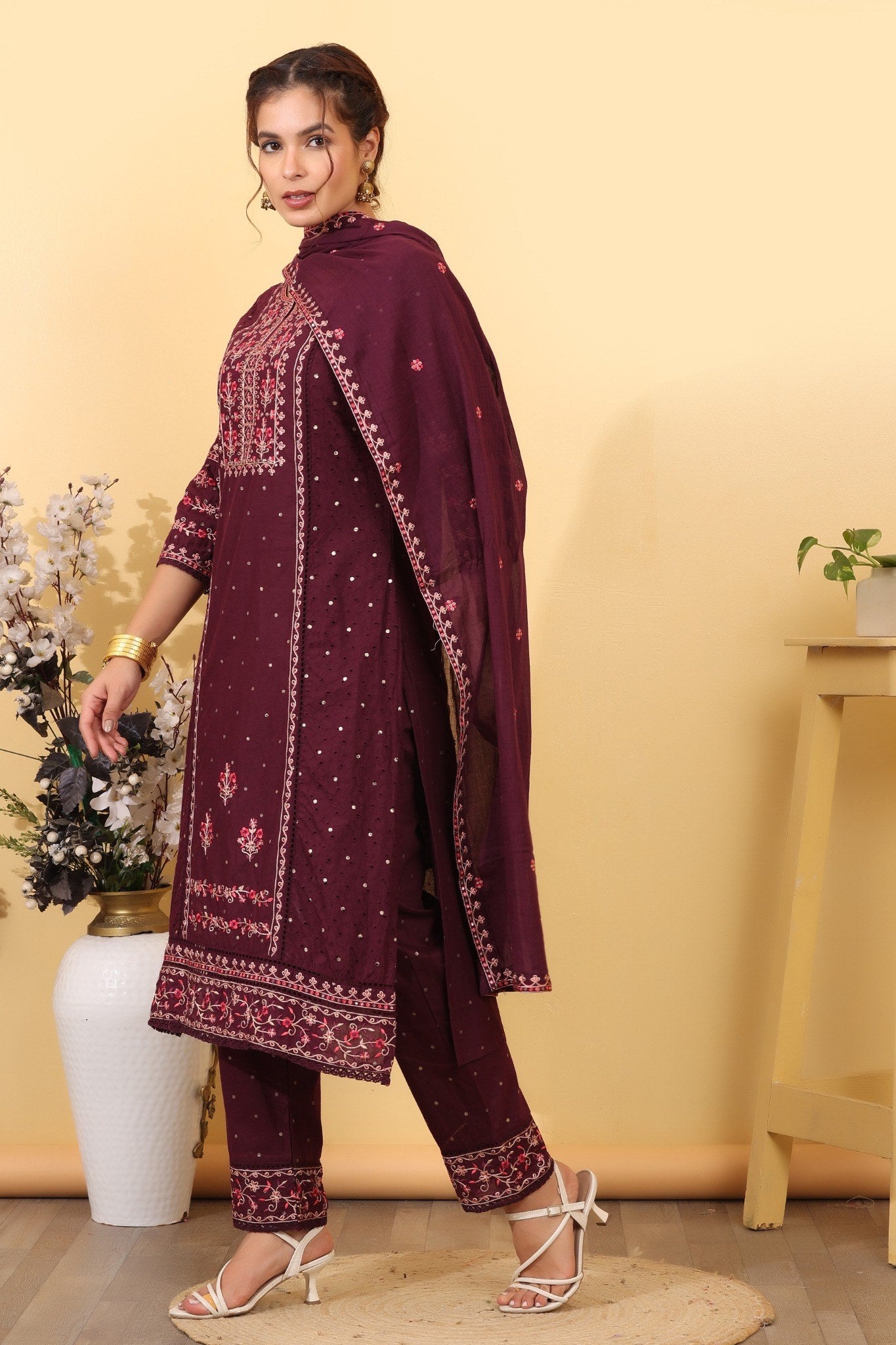 Wine Cotton Embroidered  Salwar Kameez Set