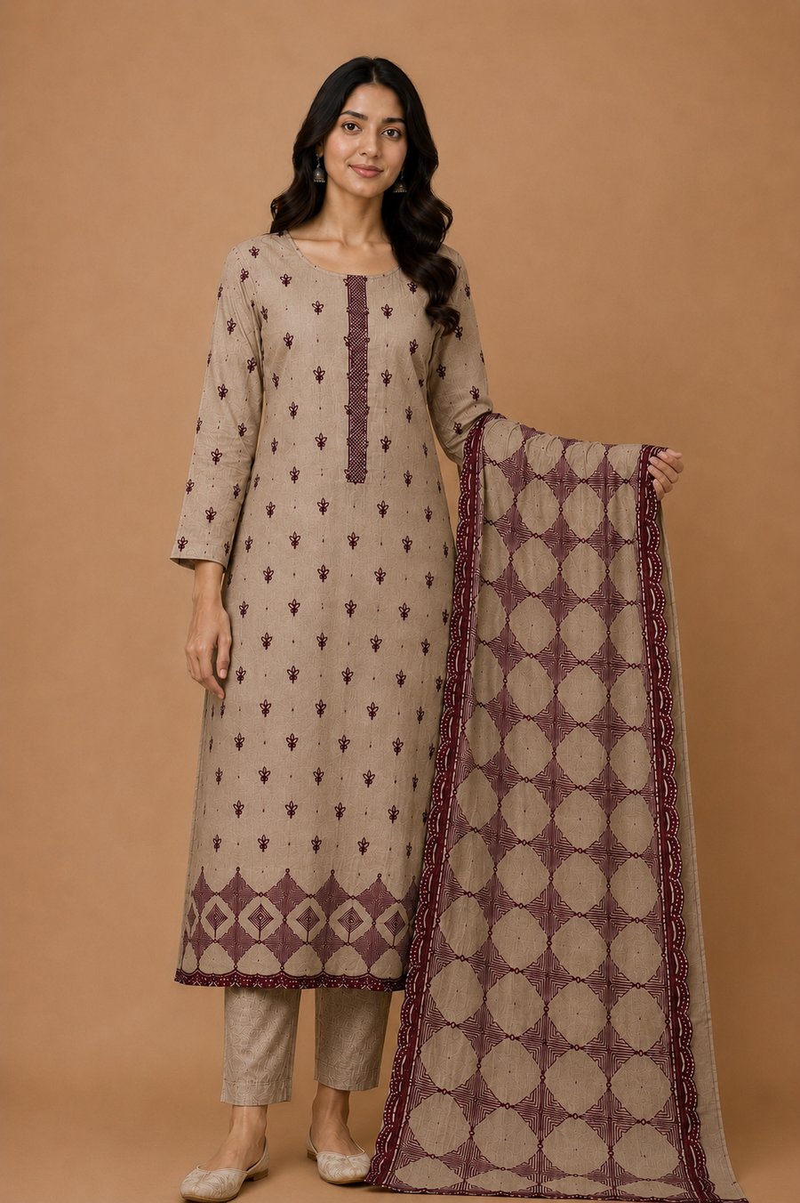 Fawn Maroon Mal Chanderi Unstitched Suit Set
