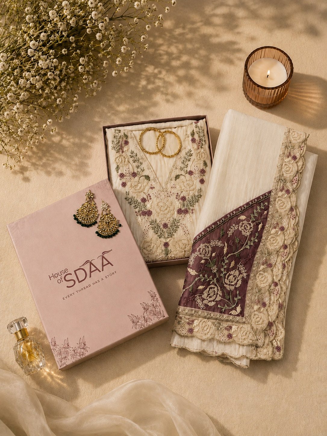 Cream & Purple Embroidered Tissue Silk Unstitched Dress Material