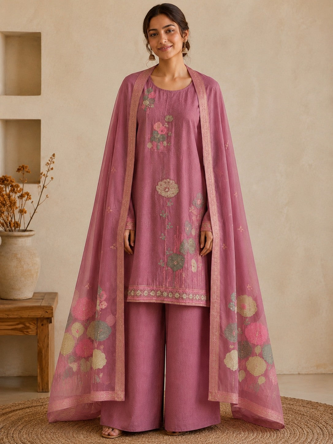 Dusty Rose Viscose Organda Unstitched Suit Material