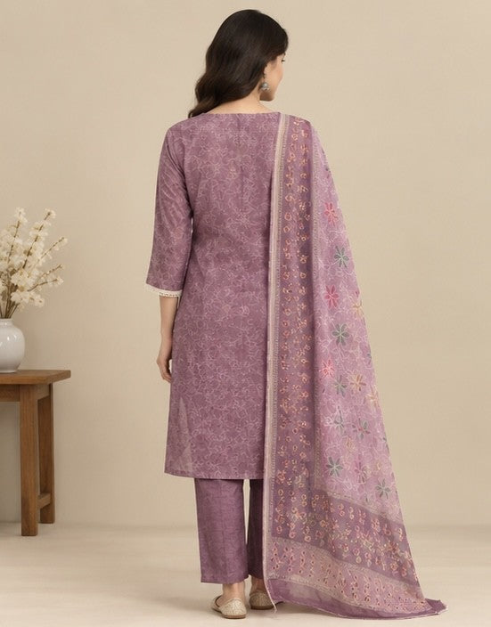 Women’s Mauve Cotton Blend Printed Salwar Kurta Dupatta Set