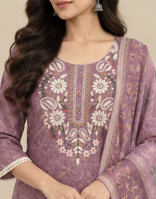 Women’s Mauve Cotton Blend Printed Salwar Kurta Dupatta Set