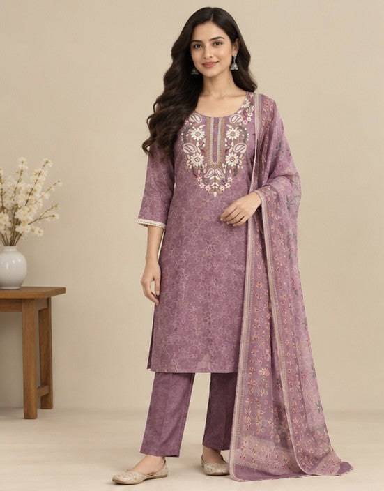 Women’s Mauve Cotton Blend Printed Salwar Kurta Dupatta Set