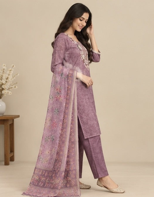 Women’s Mauve Cotton Blend Printed Salwar Kurta Dupatta Set
