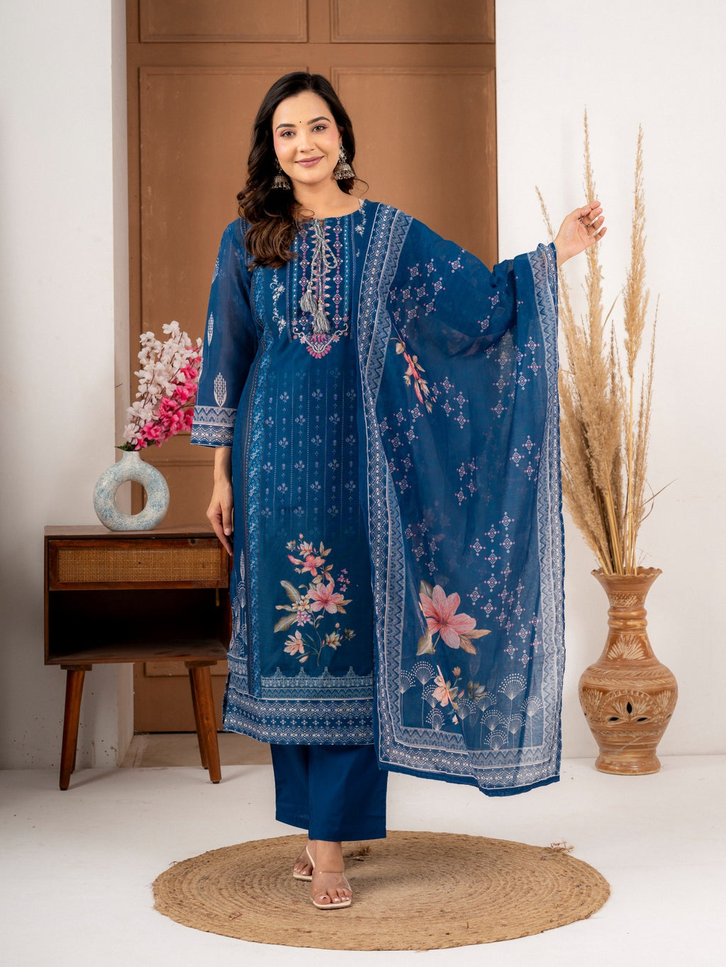 Royal Blue Chanderi Silk Suit Set with Printed Dupatta