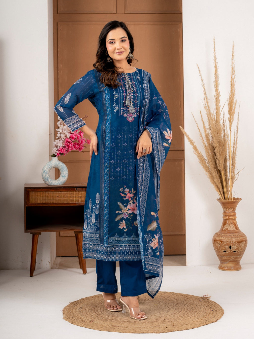 Royal Blue Chanderi Silk Suit Set with Printed Dupatta