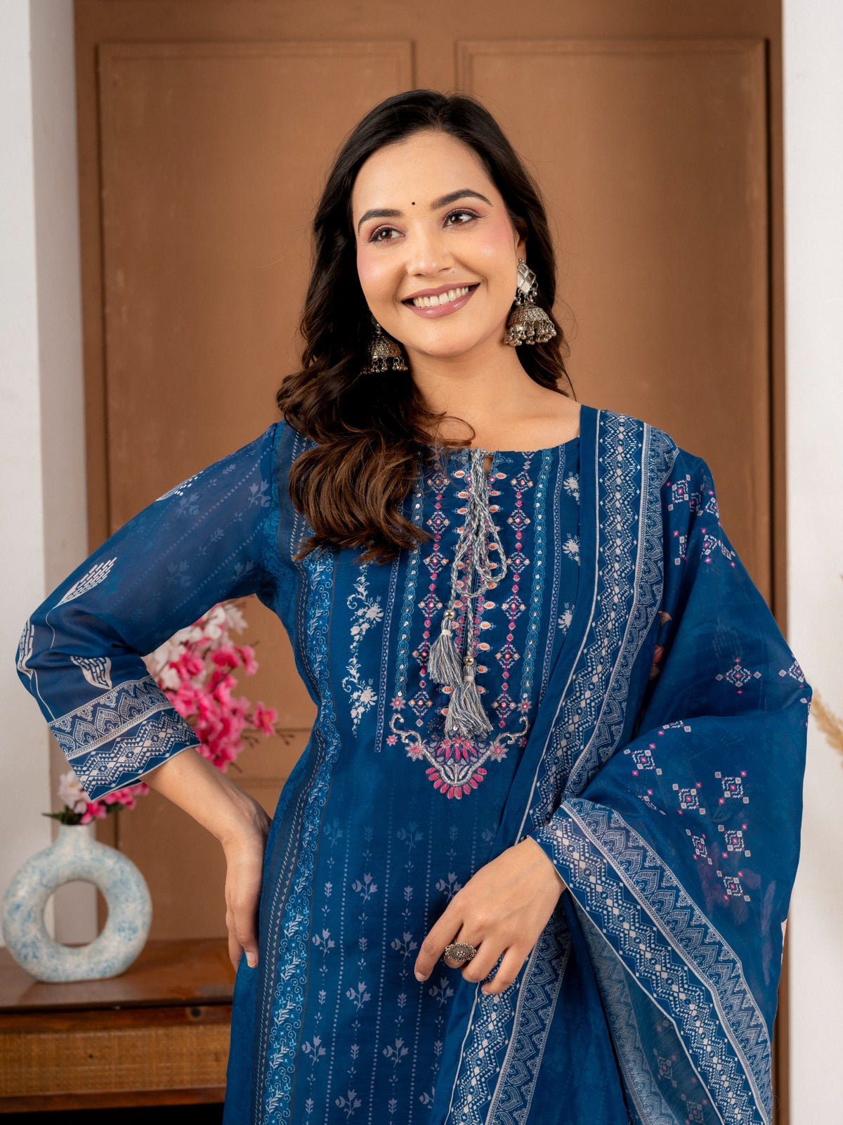 Royal Blue Chanderi Silk Suit Set with Printed Dupatta