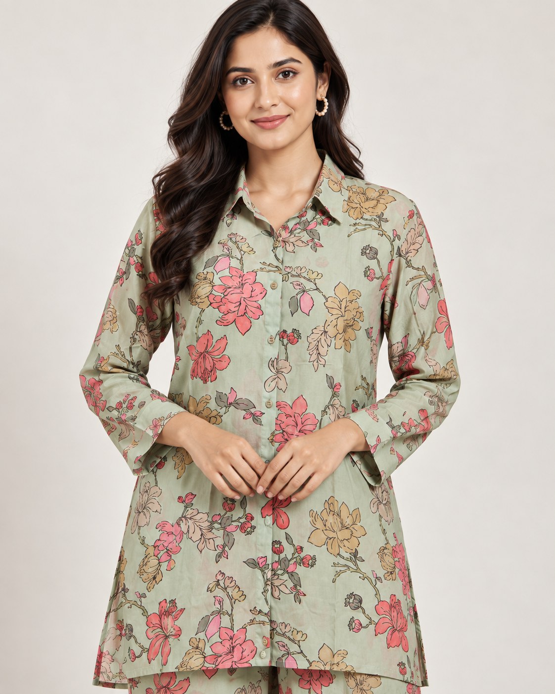 Mint Green Floral Silk Blend Co-Ord Set for Women