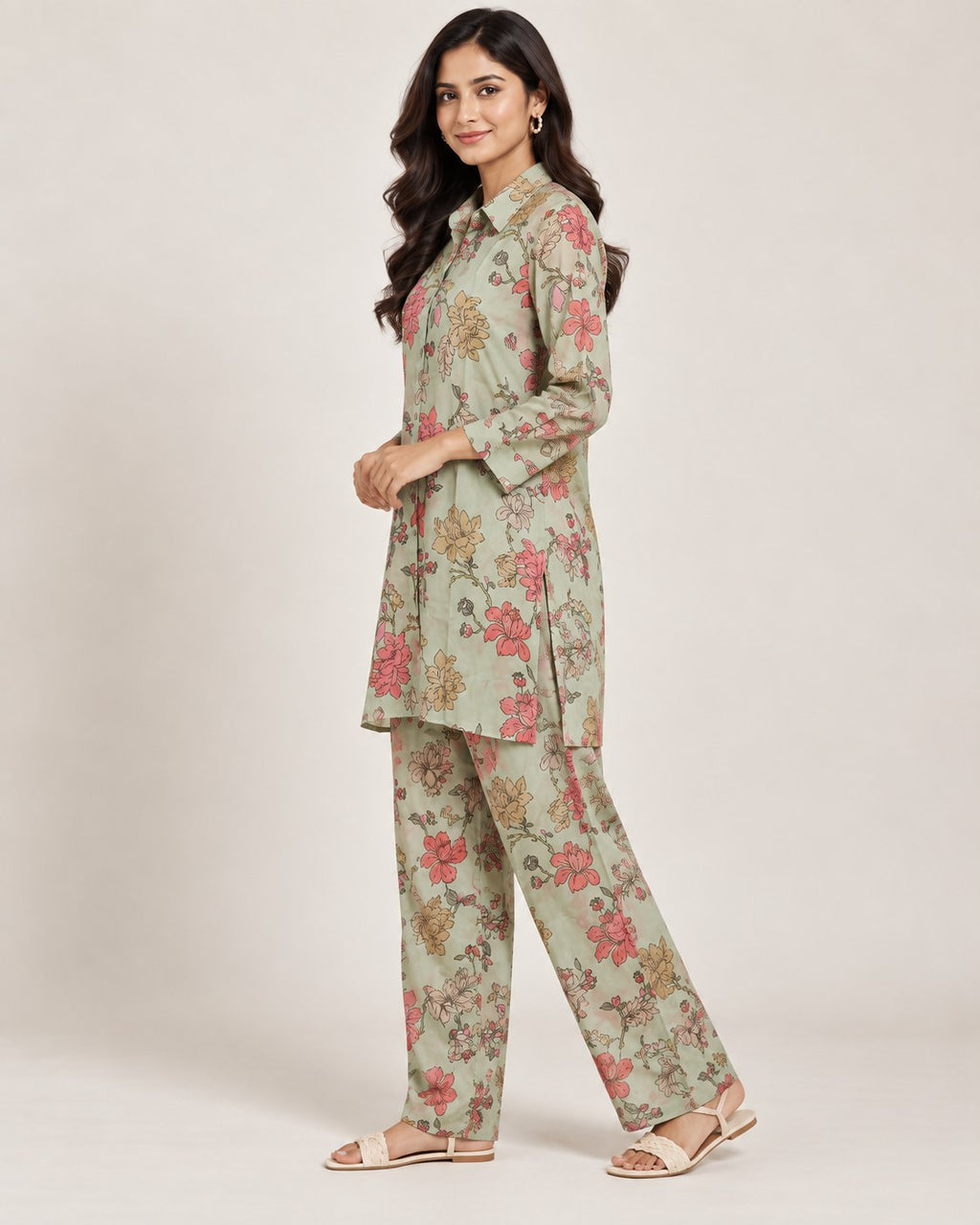 Mint Green Floral Silk Blend Co-Ord Set for Women