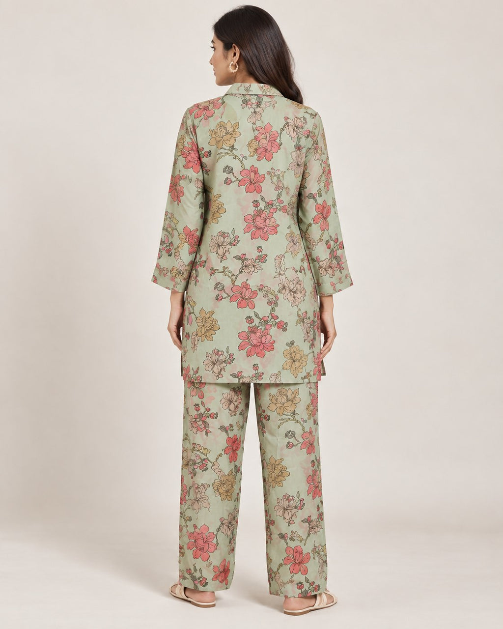 Mint Green Floral Silk Blend Co-Ord Set for Women