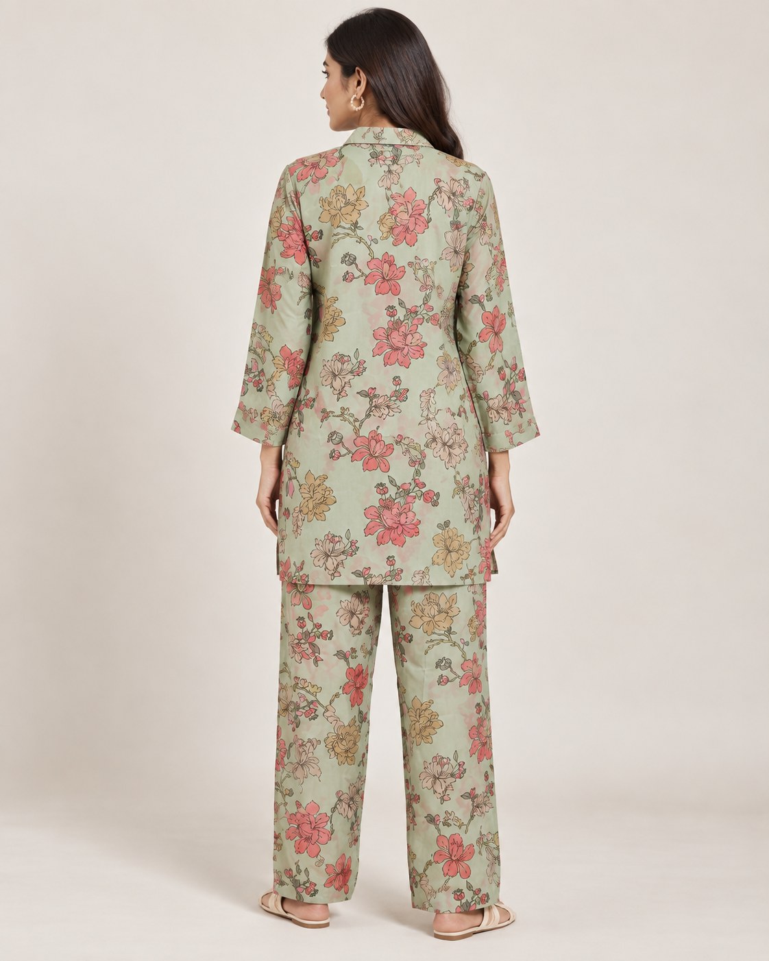 Mint Green Floral Silk Blend Co-Ord Set for Women