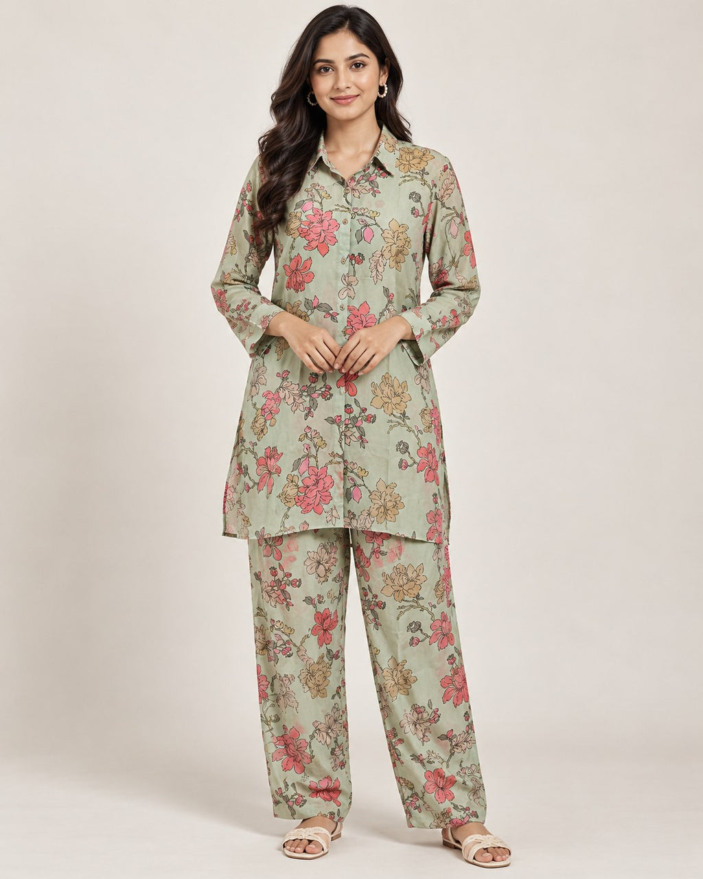 Mint Green Floral Silk Blend Co-Ord Set for Women