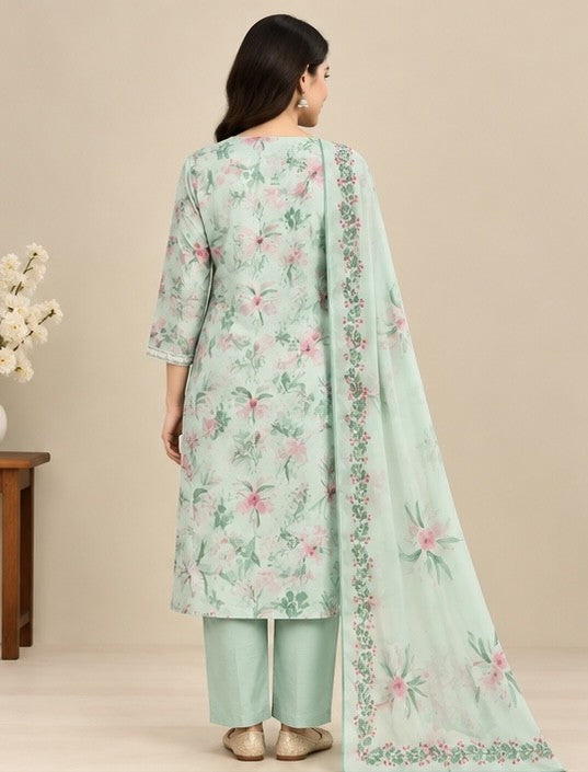 Women’s Mint Green Silk Blend Floral Printed Salwar Kurta Dupatta Set