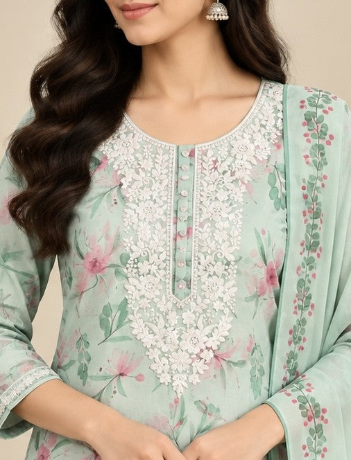 Women’s Mint Green Silk Blend Floral Printed Salwar Kurta Dupatta Set
